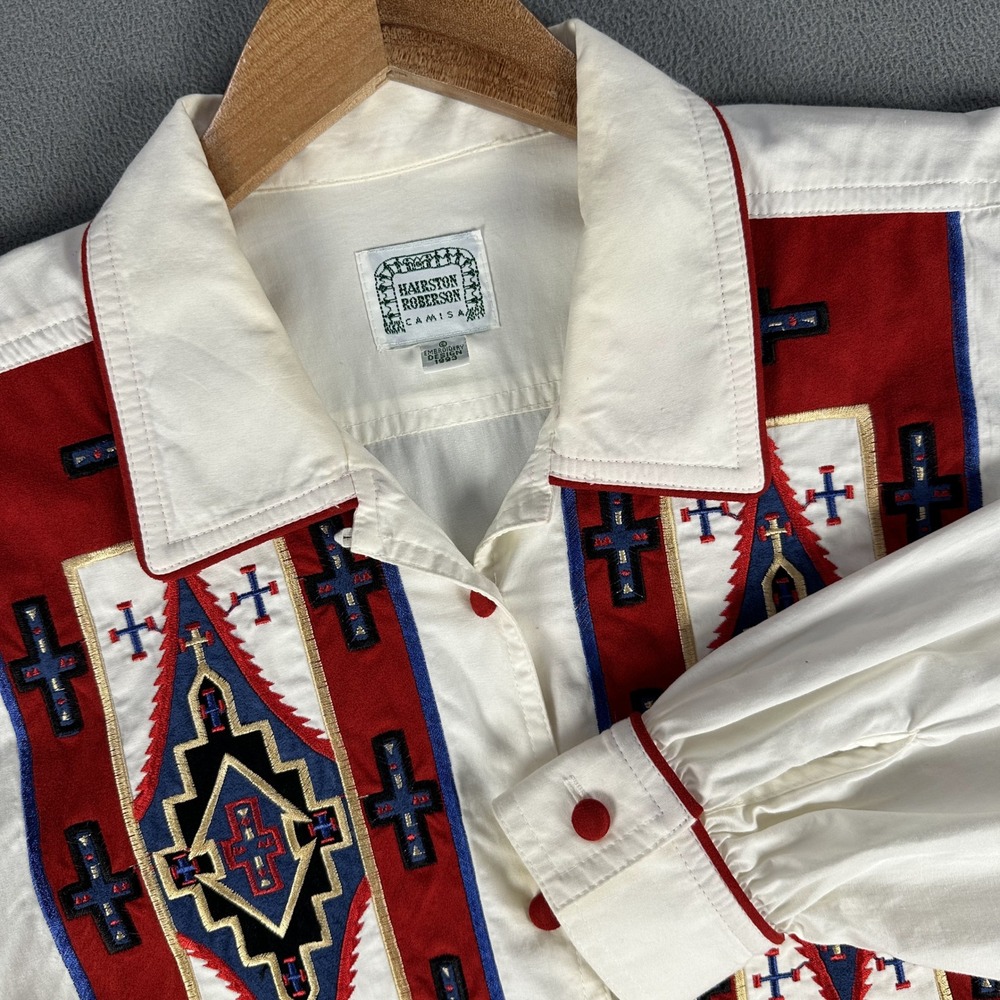 Hairston Roberson Shirt Small White Embroidered Navajo Aztec Prairie Vintage 90s
